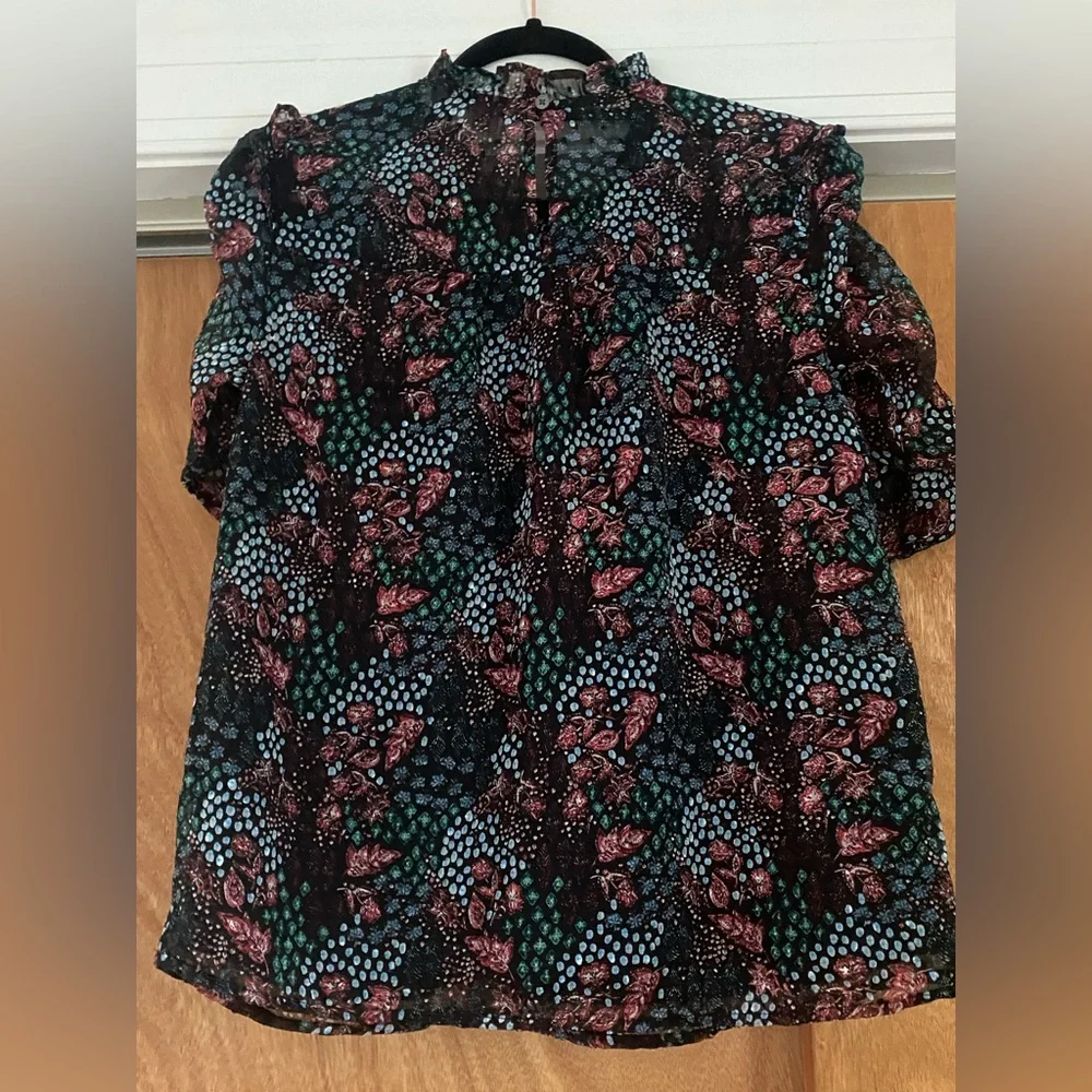 LOFT Floral Sheer Blouse Smocked Ruffle Neck Puff Sleeve Top Small